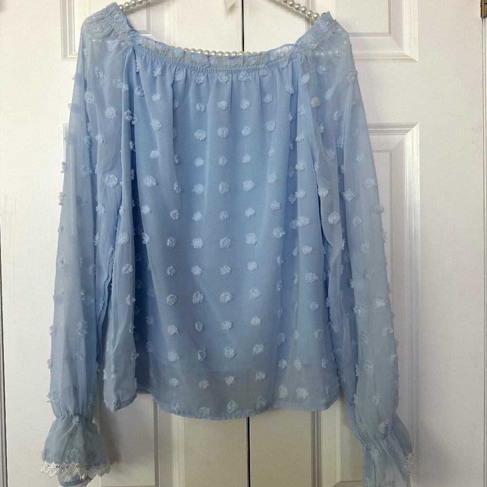 off shoulder long sleeve baby blue with textured dots- no designer- size medium